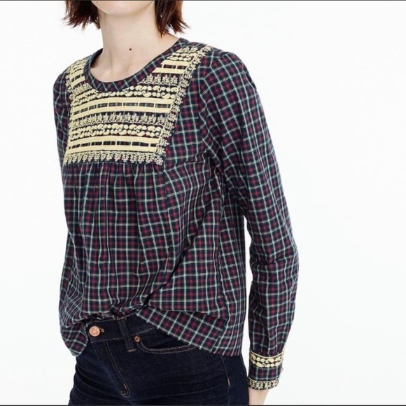 J Crew Embroidered Peasant Top Plaid - Size S - Picture 2 of 10